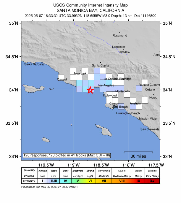 USGS DYFI community-reported intensity map for the M3.0 earthquake near 4 km S of Malibu Beach, CA