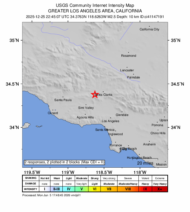 USGS DYFI community-reported intensity map for the M2.5 earthquake near 10 km SSW of Valencia, CA