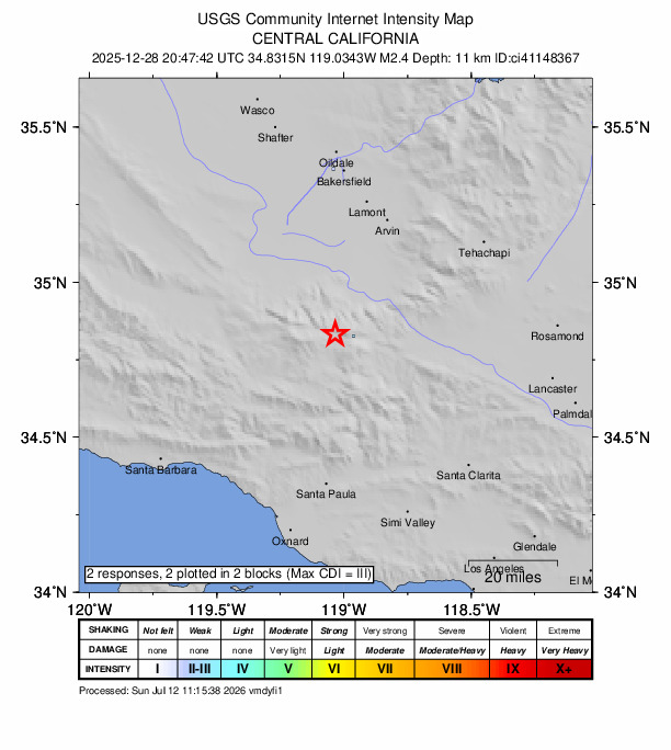 USGS DYFI community-reported intensity map for the M2.4 earthquake near 8 km W of Frazier Park, CA