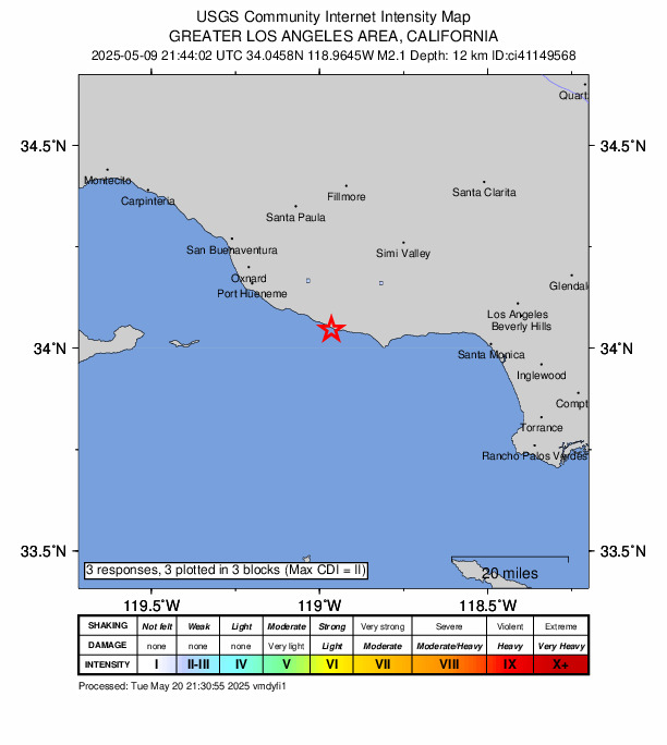 USGS DYFI community-reported intensity map for the M2.1 earthquake near 15 km WNW of Malibu, CA