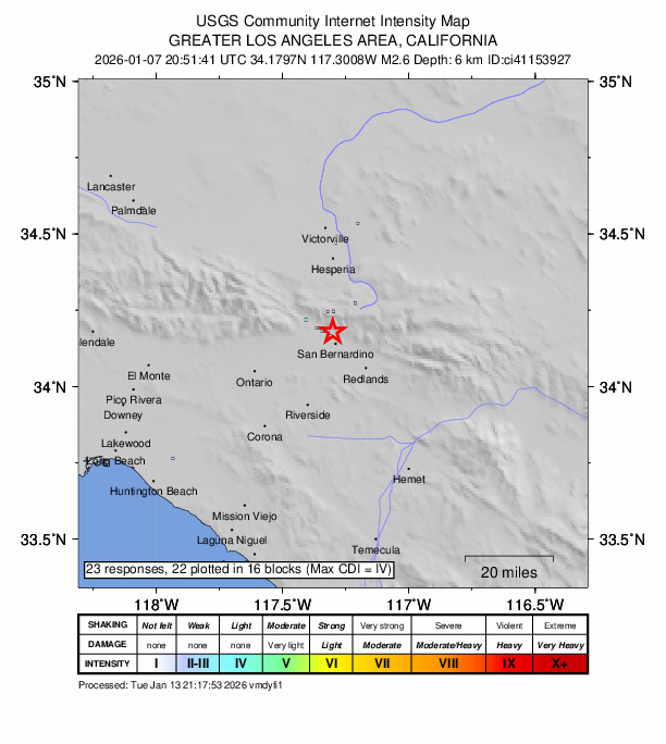 USGS DYFI community-reported intensity map for the M2.6 earthquake near 5 km NE of Muscoy, CA