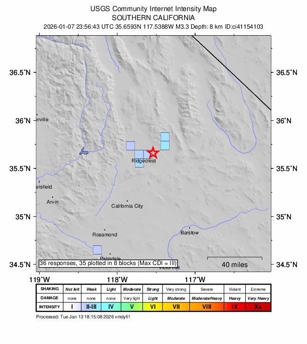 USGS DYFI community-reported intensity map for the M3.3 earthquake near 13 km ENE of Ridgecrest, CA