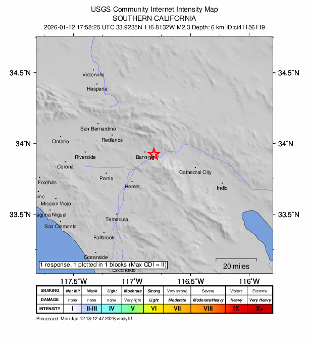 USGS DYFI community-reported intensity map for the M2.3 earthquake near 2 km WNW of Cabazon, CA
