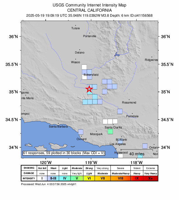 USGS DYFI community-reported intensity map for the M3.8 earthquake near 15 km NW of Grapevine, CA