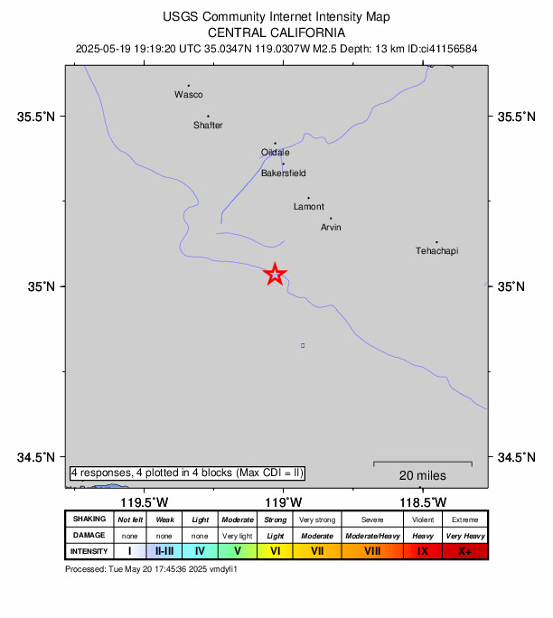 USGS DYFI community-reported intensity map for the M2.5 earthquake near 14 km NW of Grapevine, CA