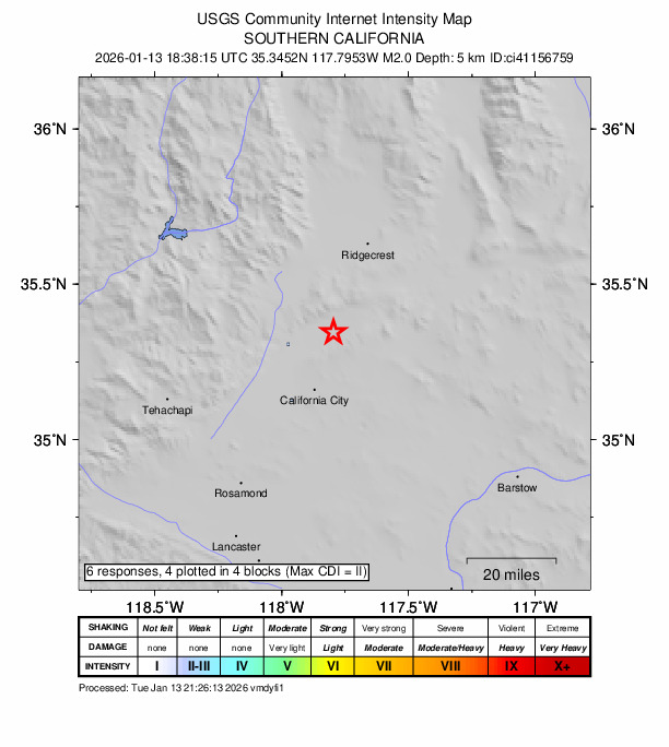 USGS DYFI community-reported intensity map for the M2.0 earthquake near 15 km WSW of Johannesburg, CA