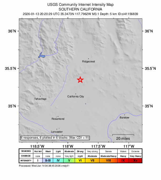 USGS DYFI community-reported intensity map for the M3.1 earthquake near 15 km W of Johannesburg, CA
