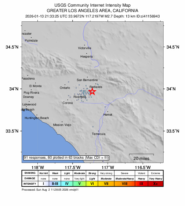 USGS DYFI community-reported intensity map for the M2.7 earthquake near 5 km N of Moreno Valley, CA