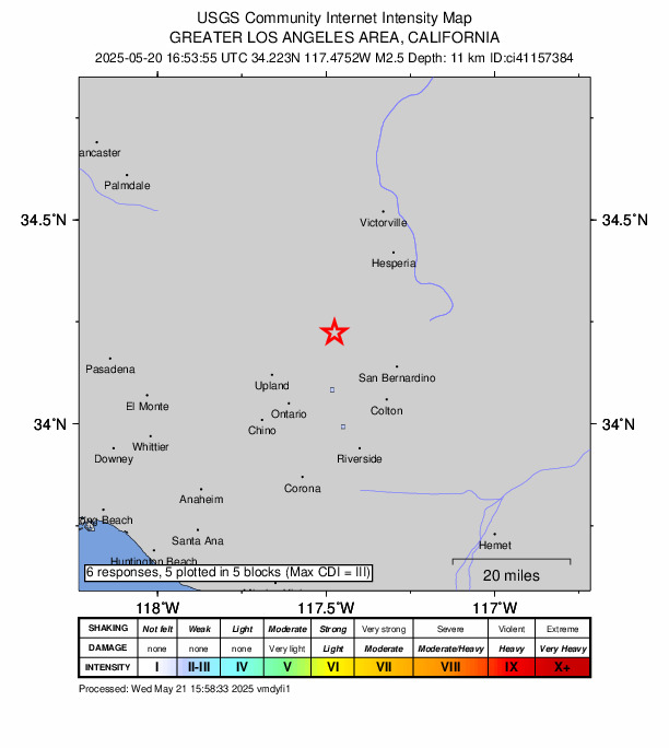 USGS DYFI community-reported intensity map for the M2.5 earthquake near 5 km SSE of Lytle Creek, CA