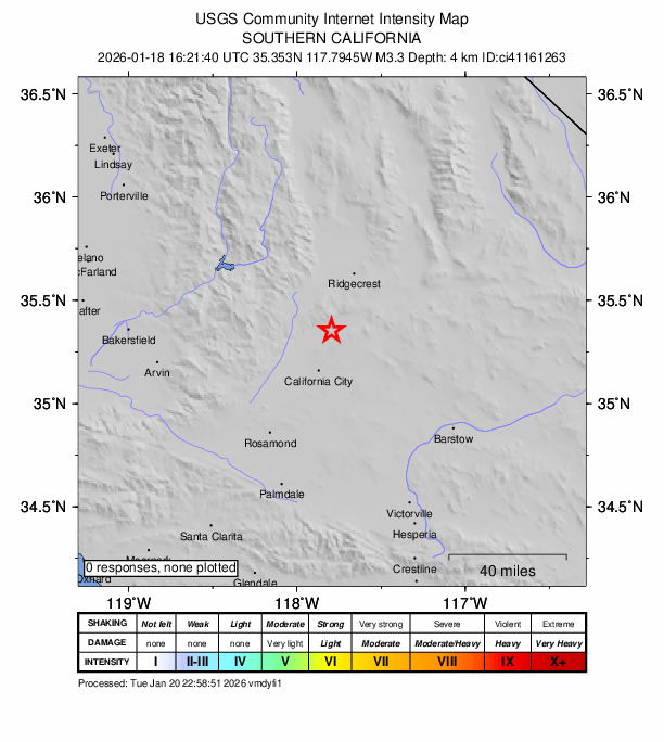 USGS DYFI community-reported intensity map for the M3.3 earthquake near 15 km W of Johannesburg, CA