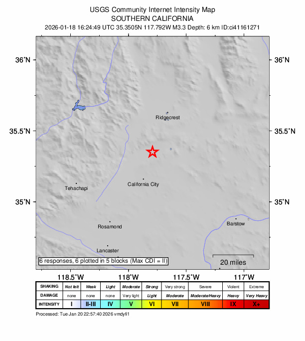 USGS DYFI community-reported intensity map for the M3.3 earthquake near 14 km W of Johannesburg, CA