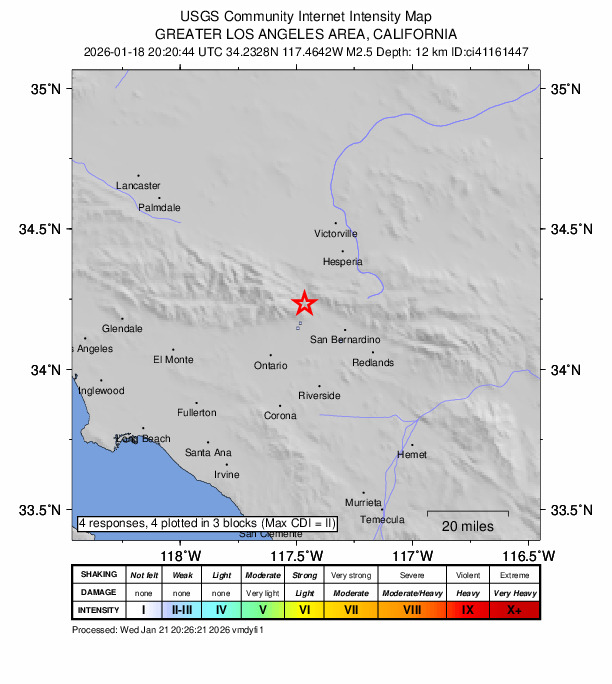 USGS DYFI community-reported intensity map for the M2.5 earthquake near 4 km SE of Lytle Creek, CA