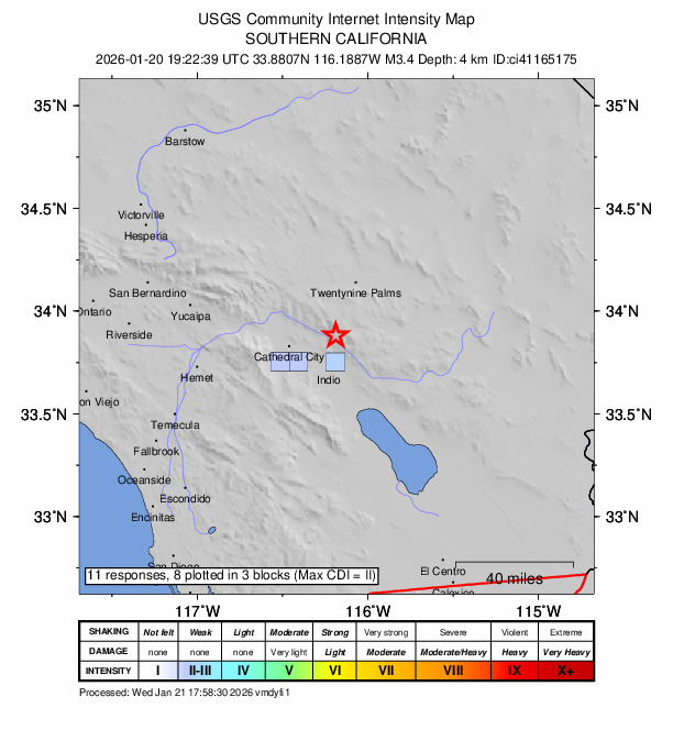 USGS DYFI community-reported intensity map for the M3.4 earthquake near 18 km N of Indio, CA