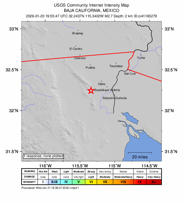 USGS DYFI community-reported intensity map for the M2.7 earthquake near 16 km W of Alberto Oviedo Mota, B.C., MX
