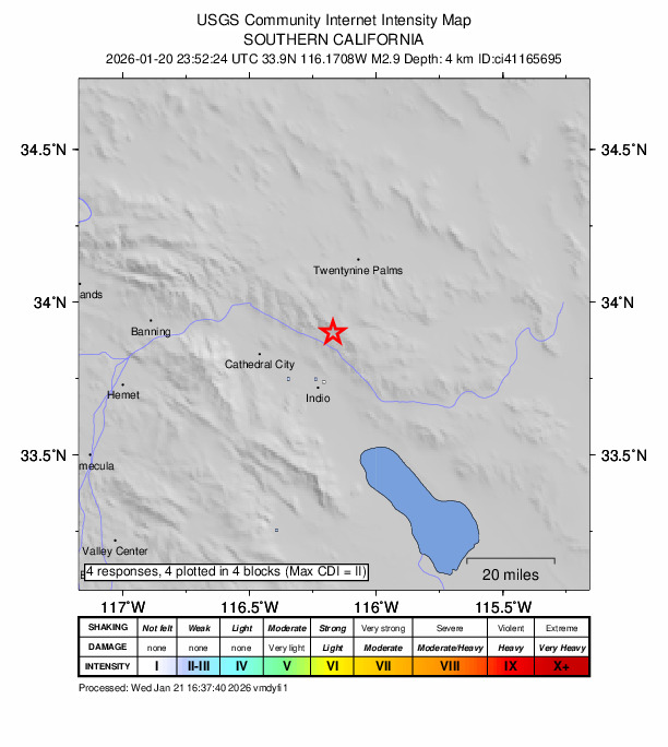 USGS DYFI community-reported intensity map for the M2.9 earthquake near 20 km NNE of Indio, CA