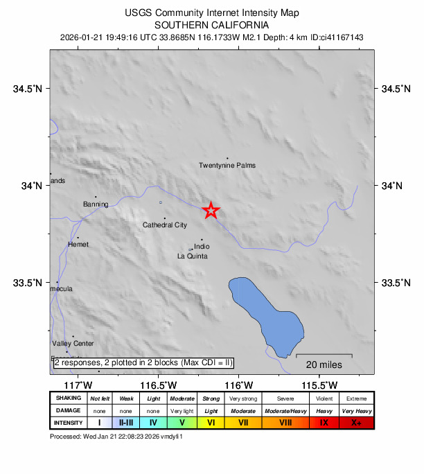 USGS DYFI community-reported intensity map for the M2.1 earthquake near 17 km NNE of Indio, CA