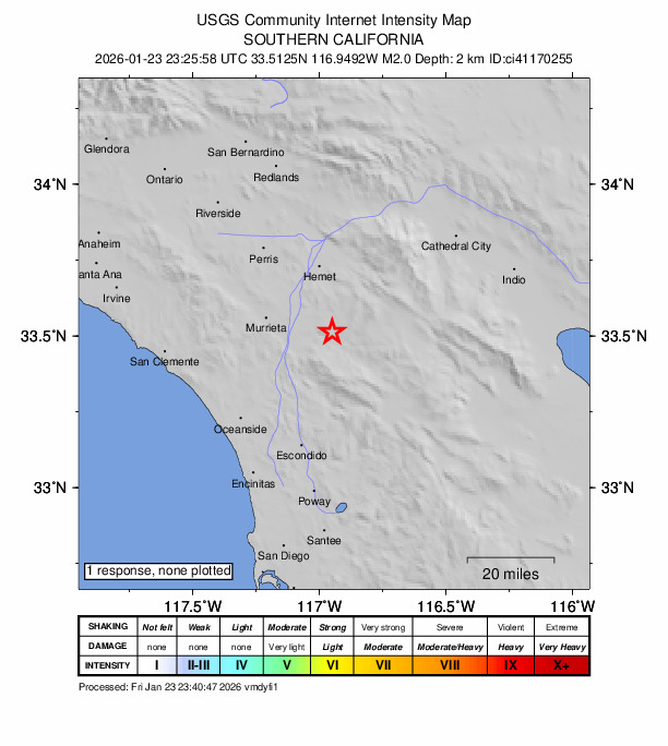 USGS DYFI community-reported intensity map for the M2.0 earthquake near 11 km NW of Aguanga, CA