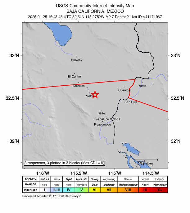 USGS DYFI community-reported intensity map for the M2.7 earthquake near 8 km ESE of Puebla, B.C., MX