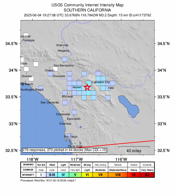 USGS DYFI community-reported intensity map for the M3.2 earthquake near 8 km SSW of Idyllwild, CA