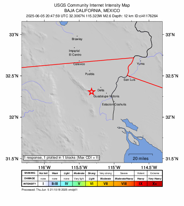 USGS DYFI community-reported intensity map for the M2.6 earthquake near 13 km WSW of Delta, B.C., MX