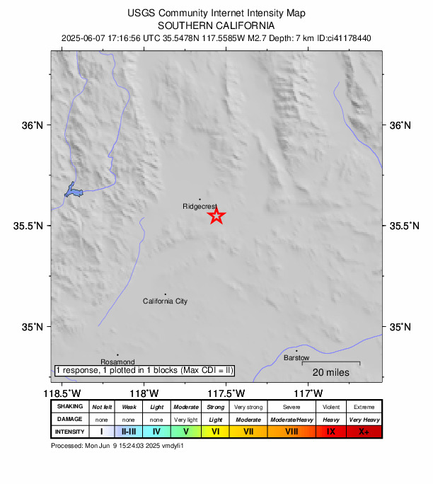 USGS DYFI community-reported intensity map for the M2.7 earthquake near 13 km SE of Ridgecrest, CA