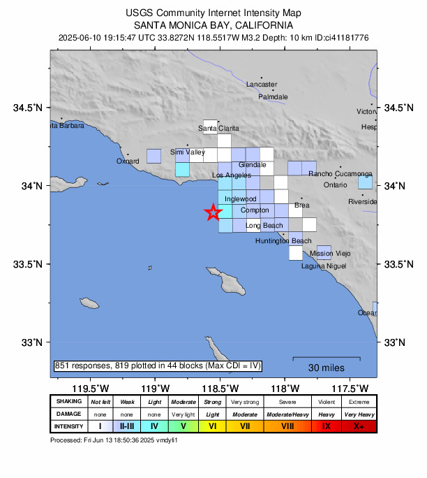 USGS DYFI community-reported intensity map for the M3.3 earthquake near 14 km WSW of Manhattan Beach, CA