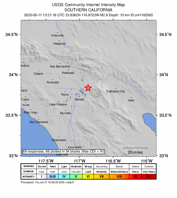 USGS DYFI community-reported intensity map for the M2.9 earthquake near 10 km NE of San Jacinto, CA