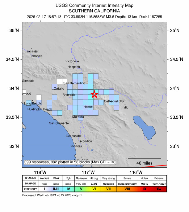 USGS DYFI community-reported intensity map for the M3.6 earthquake near 4 km S of Banning, CA