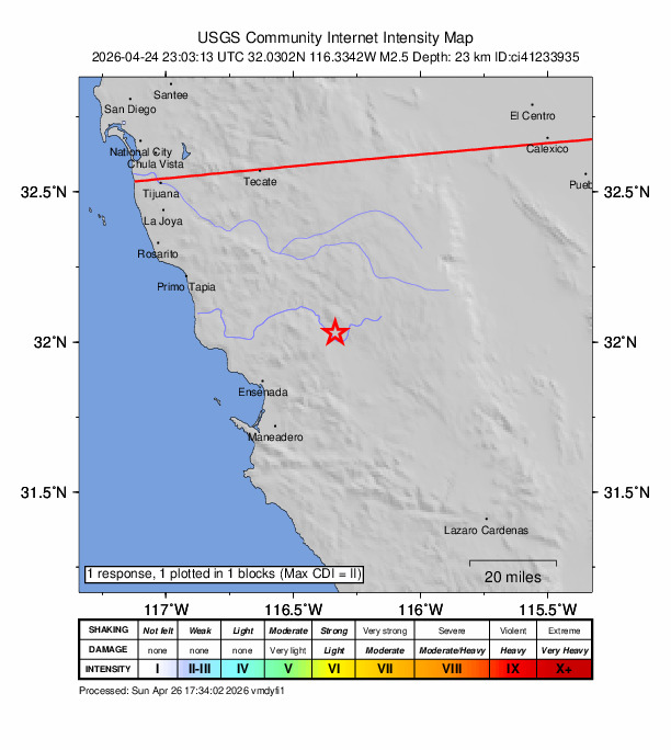 USGS DYFI community-reported intensity map for the M2.5 earthquake near 32 km ENE of Ensenada, B.C., MX