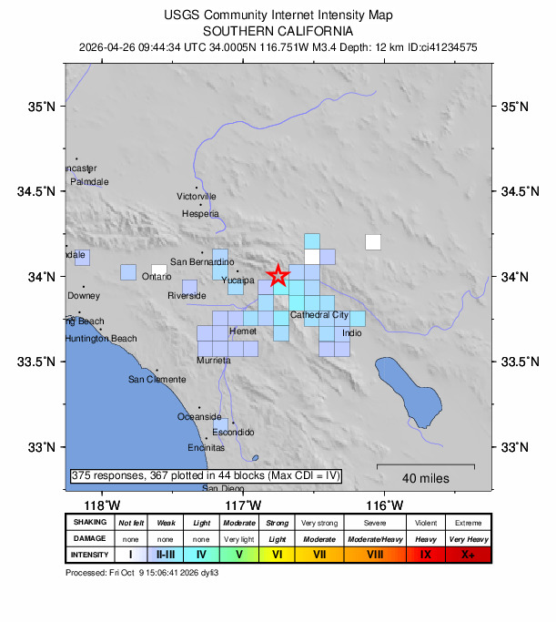 USGS DYFI community-reported intensity map for the M3.4 earthquake near 10 km NNE of Cabazon, CA