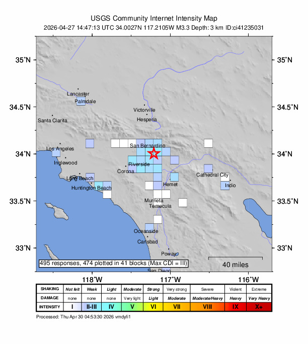 USGS DYFI community-reported intensity map for the M3.3 earthquake near 6 km SSW of Redlands, CA