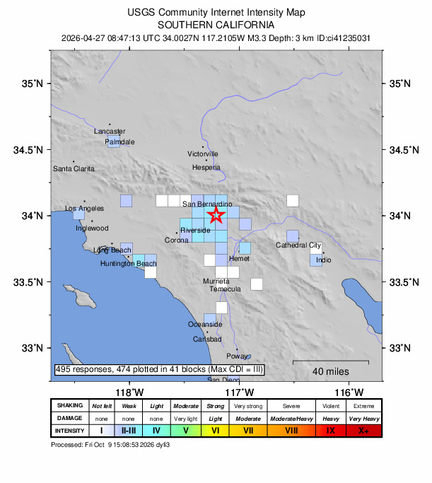 USGS DYFI community-reported intensity map for the M3.3 earthquake near 6 km SSW of Redlands, CA