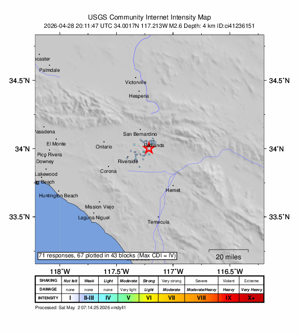 USGS DYFI community-reported intensity map for the M2.6 earthquake near 7 km SSW of Redlands, CA