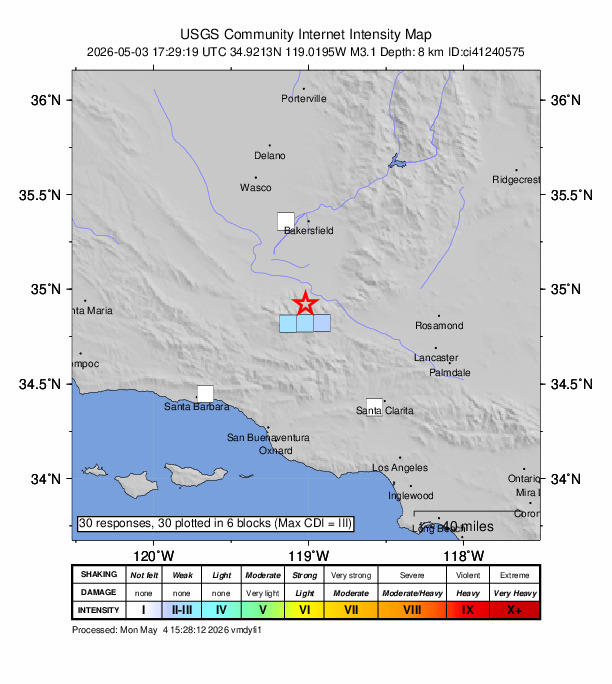 USGS DYFI community-reported intensity map for the M3.1 earthquake near 9 km WSW of Grapevine, CA