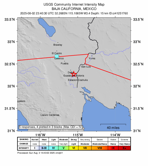 USGS DYFI community-reported intensity map for the M3.4 earthquake near 2 km S of Guadalupe Victoria, B.C., MX