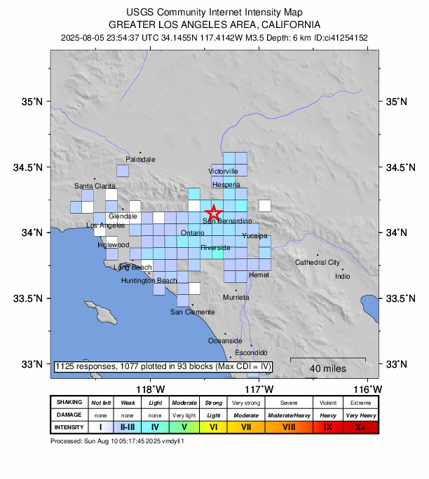 USGS DYFI community-reported intensity map for the M3.5 earthquake near 6 km NW of Rialto, CA