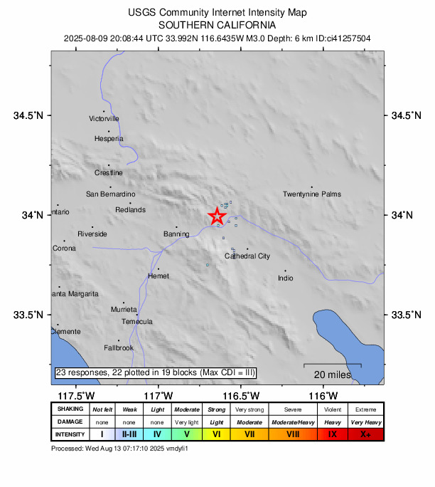 USGS DYFI community-reported intensity map for the M3.0 earthquake near 8 km SW of Morongo Valley, CA