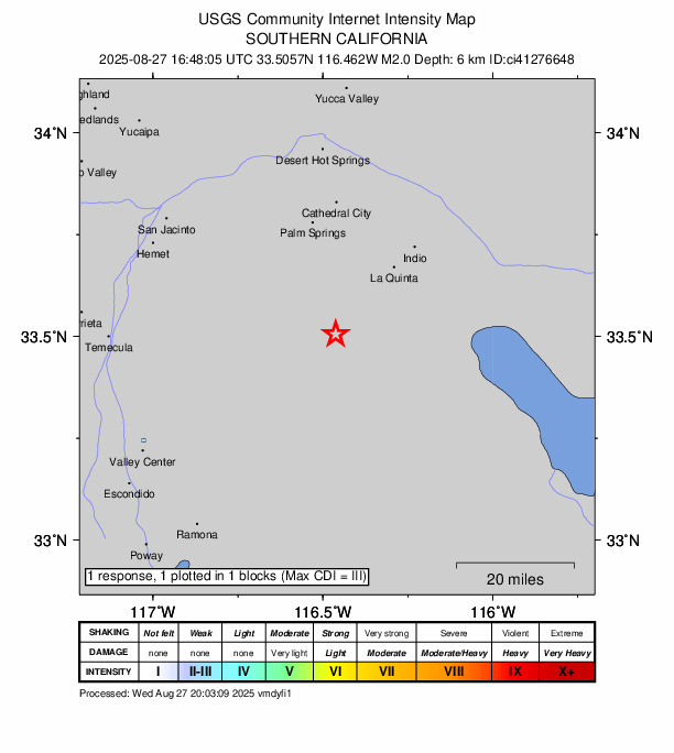 USGS DYFI community-reported intensity map for the M2.0 earthquake near 20 km ESE of Anza, CA