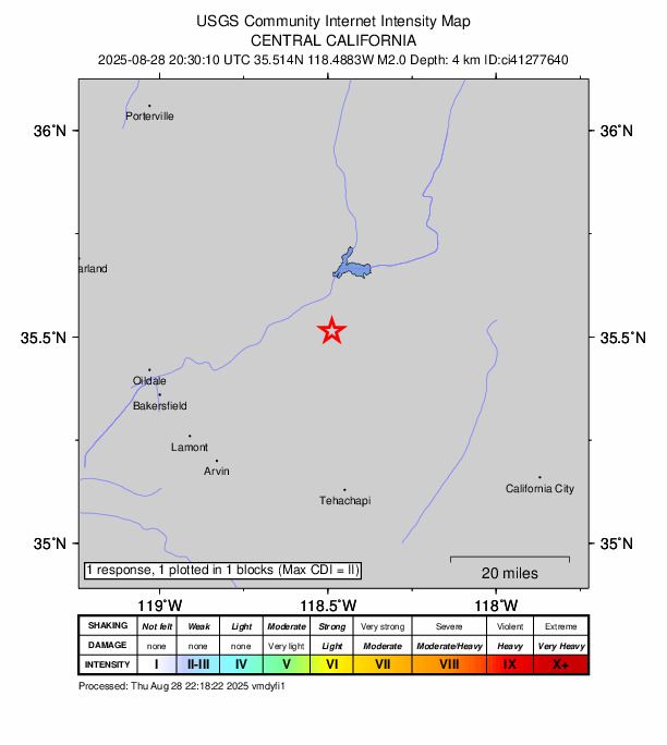 USGS DYFI community-reported intensity map for the M2.0 earthquake near 8 km S of Bodfish, CA