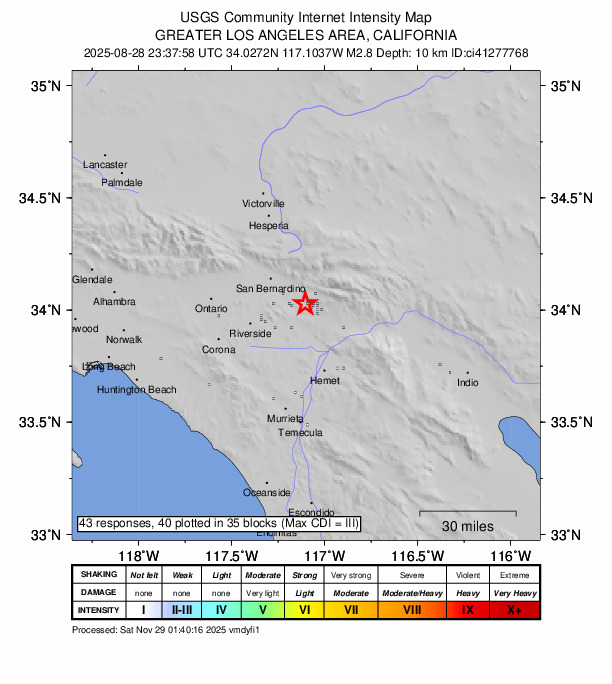 USGS DYFI community-reported intensity map for the M2.8 earthquake near 6 km SSE of Mentone, CA