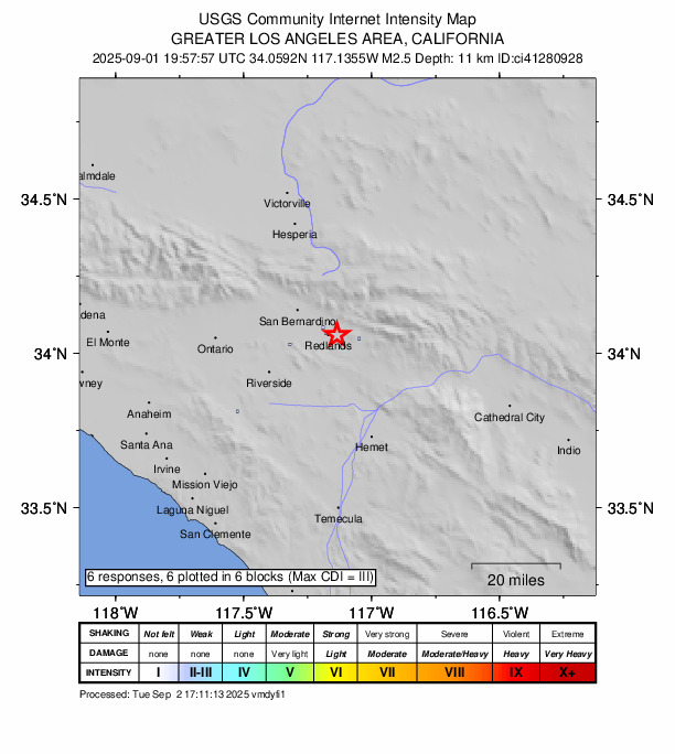USGS DYFI community-reported intensity map for the M2.5 earthquake near 1 km S of Mentone, CA