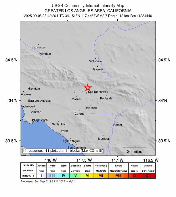 USGS DYFI community-reported intensity map for the M2.7 earthquake near 6 km N of Fontana, CA