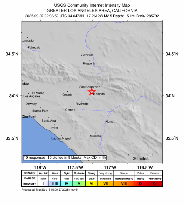 USGS DYFI community-reported intensity map for the M2.5 earthquake near 0 km S of Loma Linda, CA