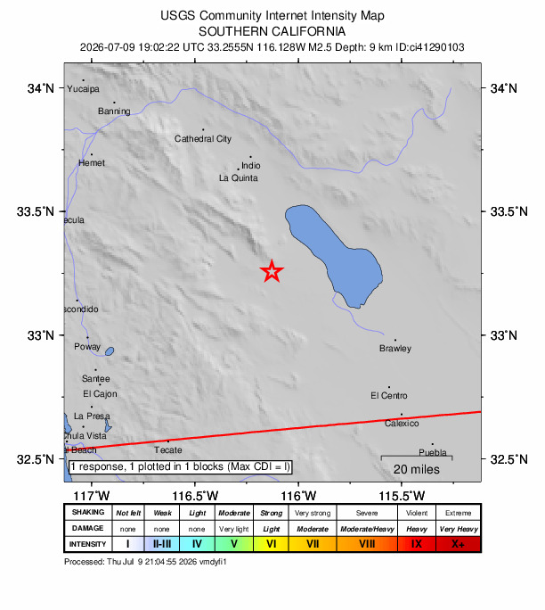 USGS DYFI community-reported intensity map for the M2.5 earthquake near 12 km N of Ocotillo Wells, CA