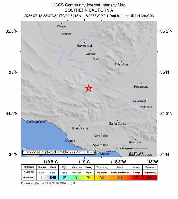 USGS DYFI community-reported intensity map for the M2.1 earthquake near 2 km SSE of Frazier Park, CA