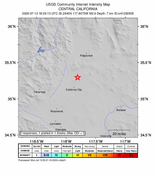 USGS DYFI community-reported intensity map for the M2.6 earthquake near 18 km WSW of Johannesburg, CA