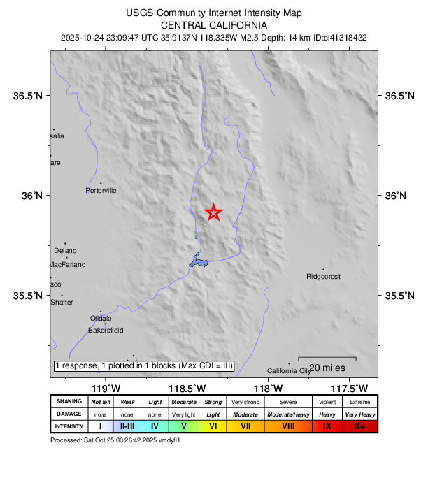 USGS DYFI community-reported intensity map for the M2.5 earthquake near 20 km NNE of Kernville, CA