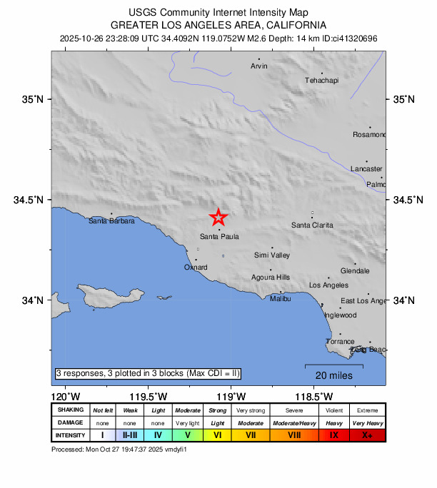 USGS DYFI community-reported intensity map for the M2.6 earthquake near 6 km NNW of Santa Paula, CA