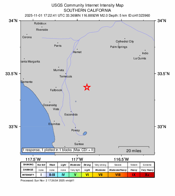 USGS DYFI community-reported intensity map for the M2.0 earthquake near 3 km WNW of Palomar Observatory, CA