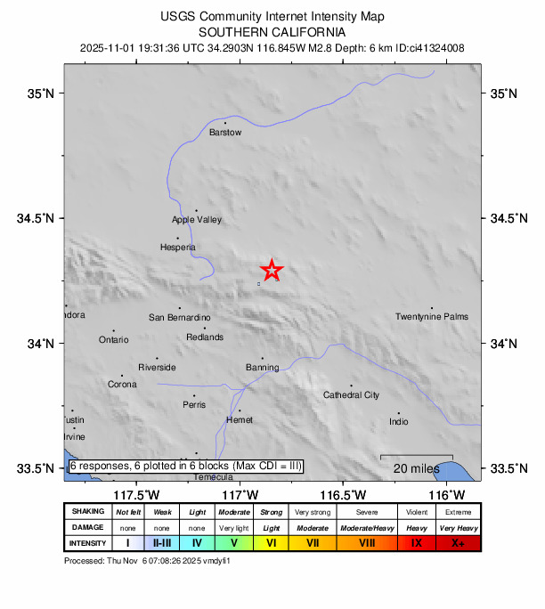 USGS DYFI community-reported intensity map for the M2.8 earthquake near 3 km N of Big Bear City, CA